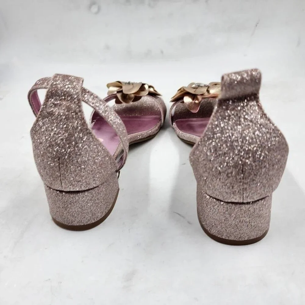 Steve Madden Lessa Flower Embellished Block Heel Sandals Girl's 4 Rose Gold